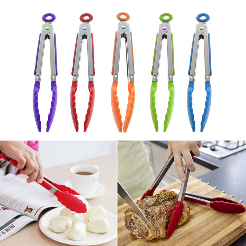 NEW Silicone Kitchen Cooking Salad Serving BBQ Tongs Stainless Steel Handle
