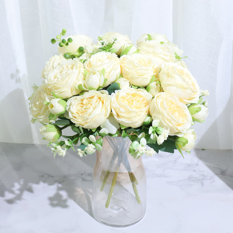 Best Selling Beautiful Rose Peony Artificial Silk Flowers Small White Bouquet Home Decoration