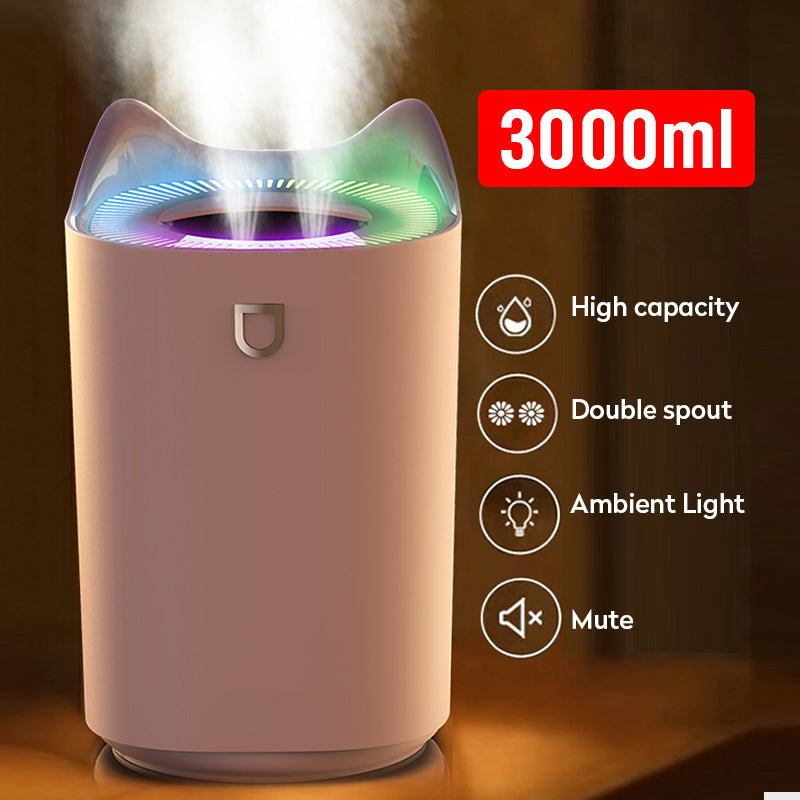 3L Air Humidifier Essential Oil Aroma Diffuser Double Nozzle With Coloful LED Light