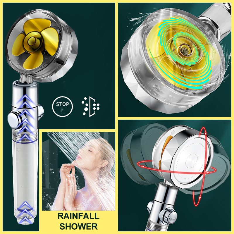 Propeller Shower Head High Pressure With1 Free Water Filter Golden Fan