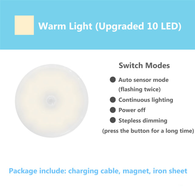 PIR Motion Sensor LED Night Light USB Rechargeable  for Bedroom Kitchen Cabinet